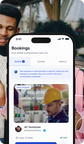 Mobile app screen showing a booking for a technician with helmet on a job in progress and payment info.